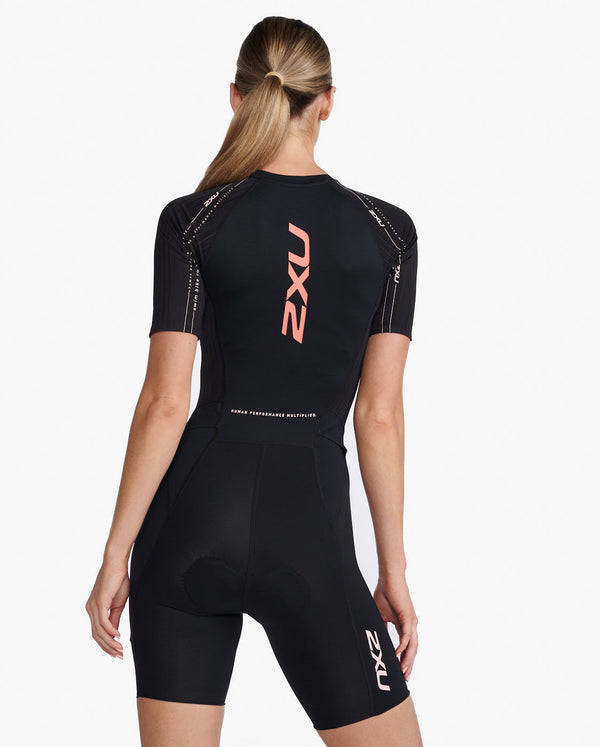 Aero Sleeved Trisuit, Black/Hyper Coral